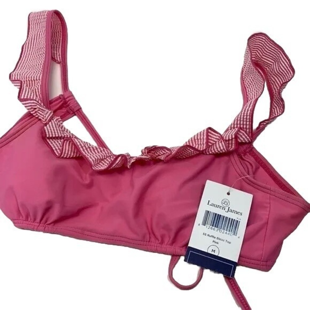New Lauren James pink ruffle bikini top only NWT size M preppy seersucker trim